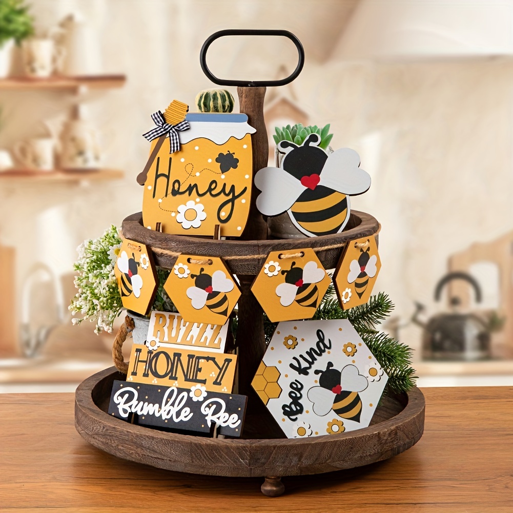 1 set Spring Farmhouse Honey Bee Tiered Tray Decor with Bumble Bee Gnome  Plush and Mini Bee Hive - Perfect for Living Room Desktop Crafts and Garden  D