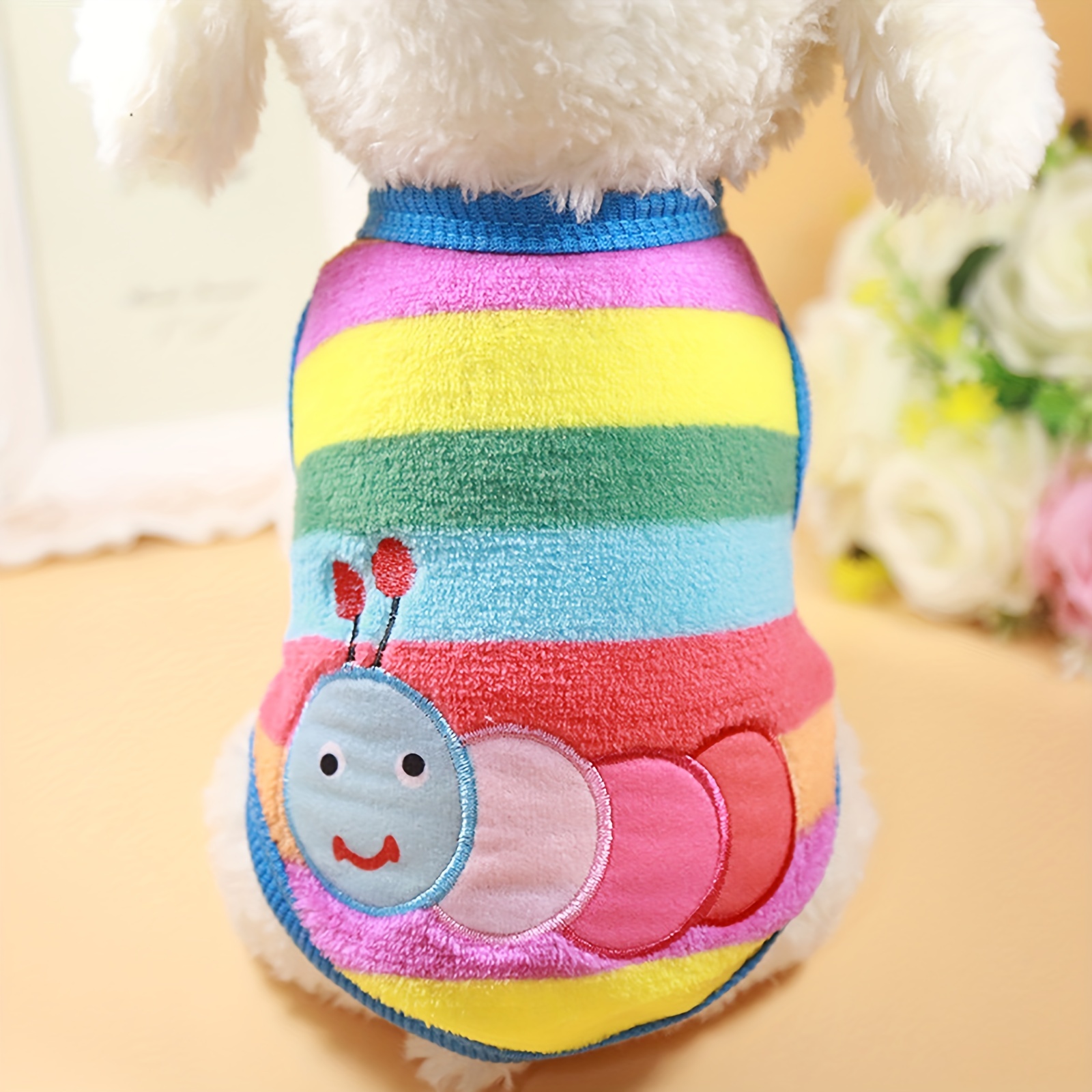 

Striped Rainbow Dog Hoodie With Smiling For Patch - Cozy Knit Pet Sweatshirt For Small To Medium Breeds, Machine Washable, Fall/winter, Dog Sweater