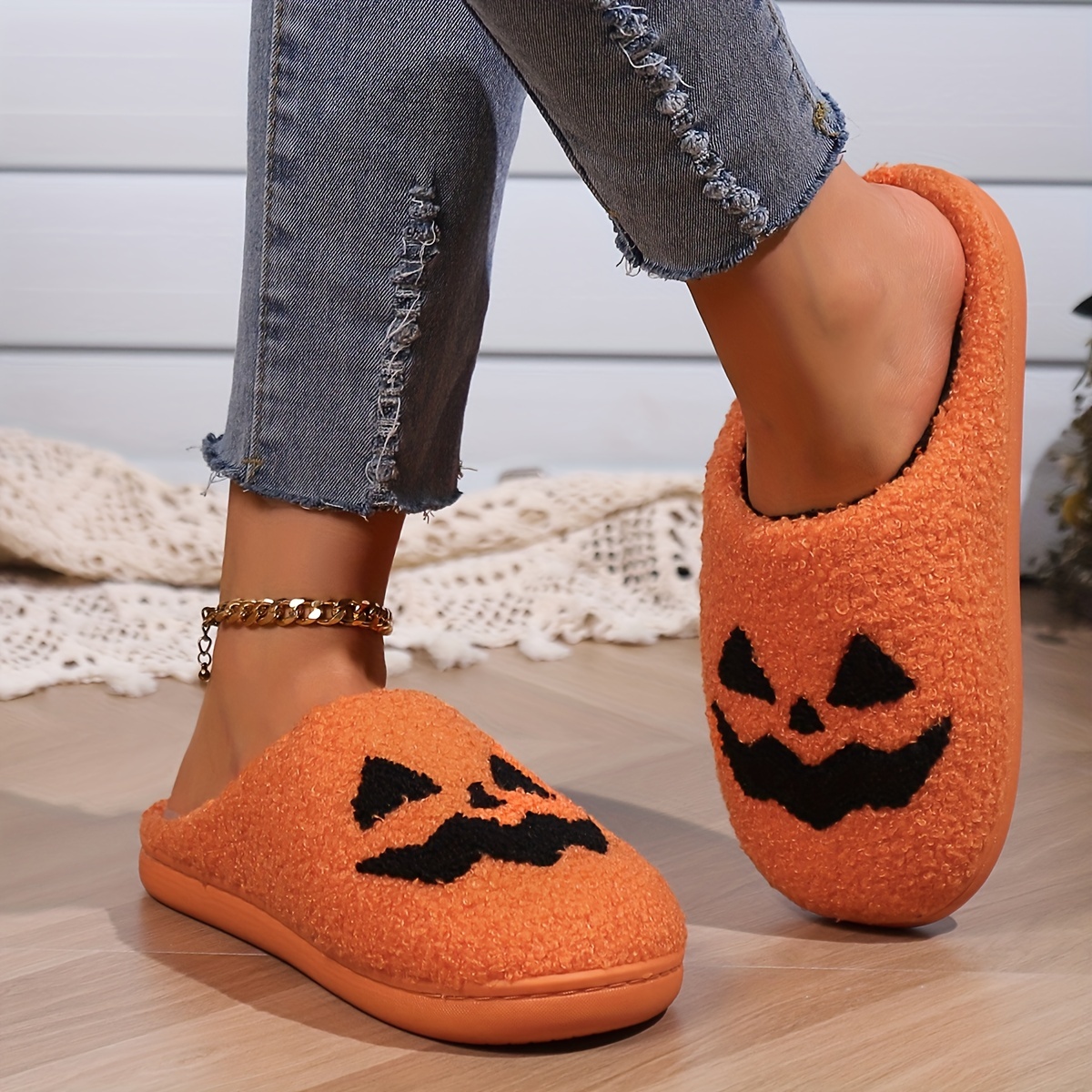 Fluffy Winter Warm Slippers Woman Girls Halloween Pumpkin Cartoon