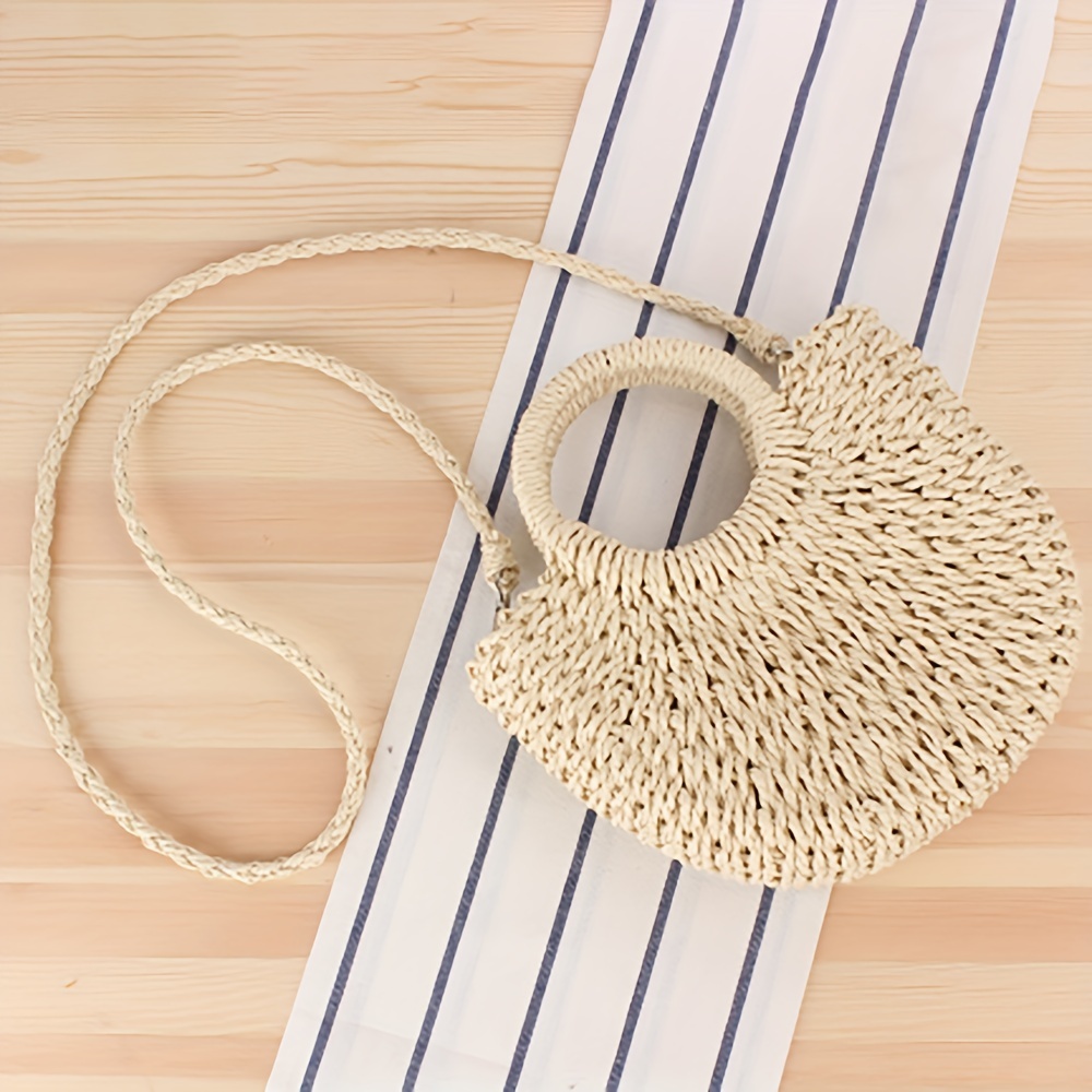 Khaki Small Summer Crossbody Half Round Woven Straw Bag