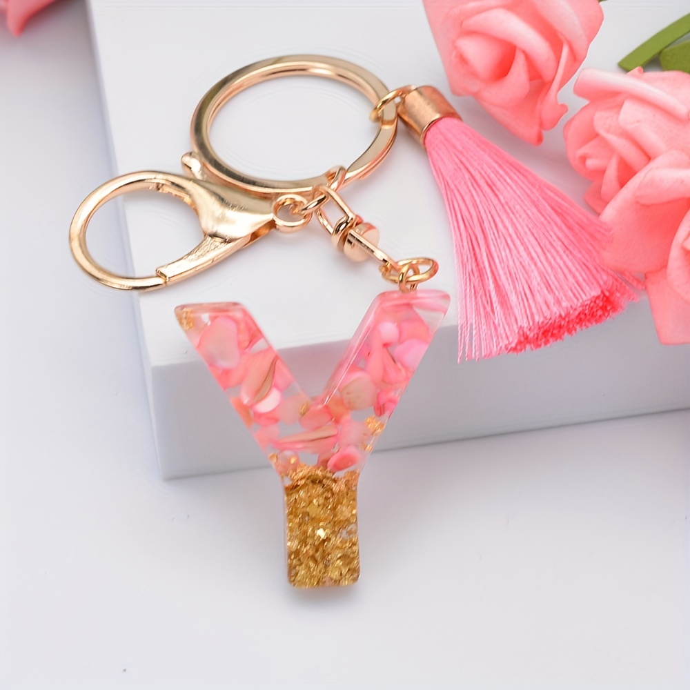 1pc Cute Creative Letter Alphabet Keychain Crystal Acrylic Liquid Keychain Women Key Chains Ring Car Bag Tassels Pendent Charm Gift Accessories,Temu