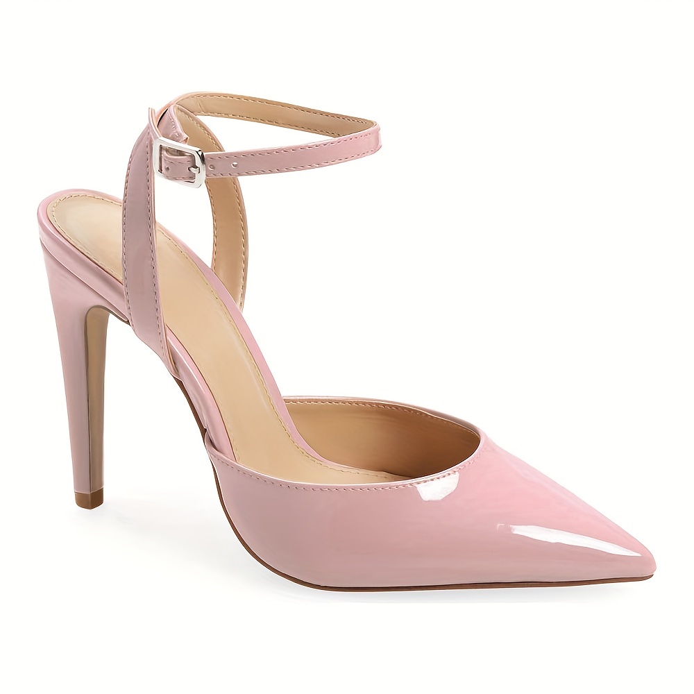 Ruched Detail Satin Point Toe Heeled Ankle Strap Pumps, Light Pink Party  Solid Color Stiletto Women's Single Shoes