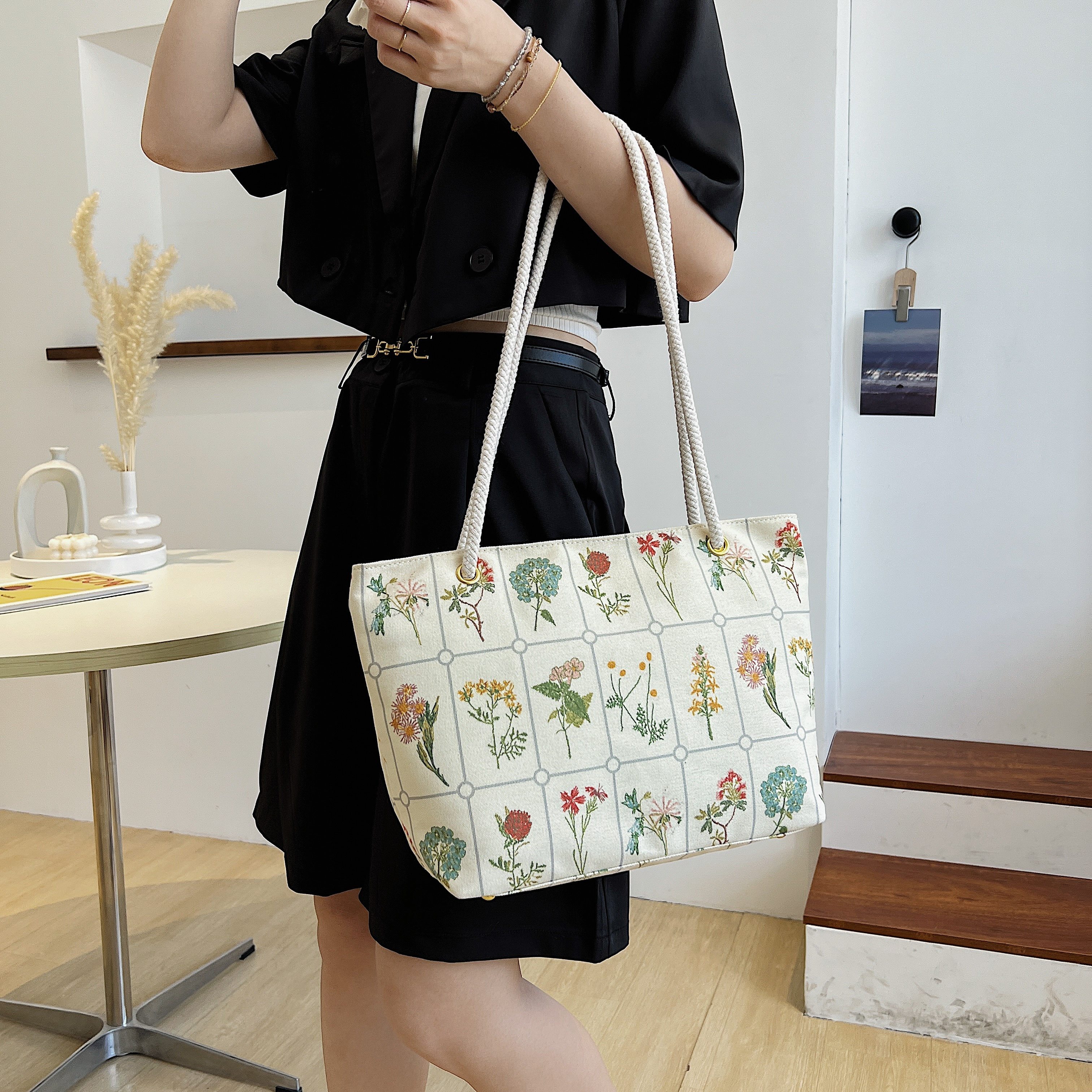 Bolso Con Estampado De Cuadros De Flores, Bolso Bandolera Estilo