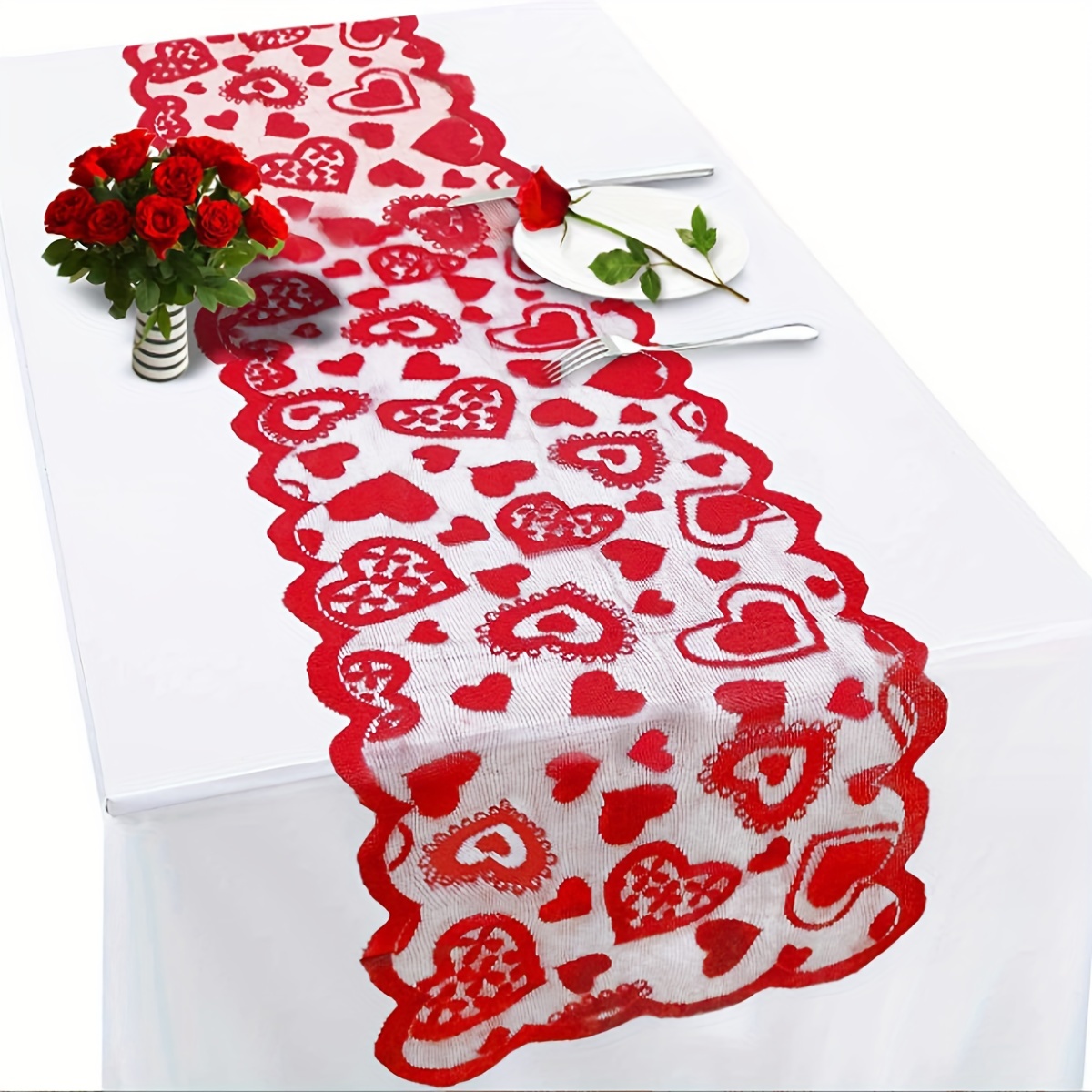 

1pc Table Runner, Happy Valentines Lace Table Runner Love Heart Pattern Dinner Table Runner For Valentine's Day, Anniversary Wedding Banquet Romantic Table Decor, Dining Table Decor