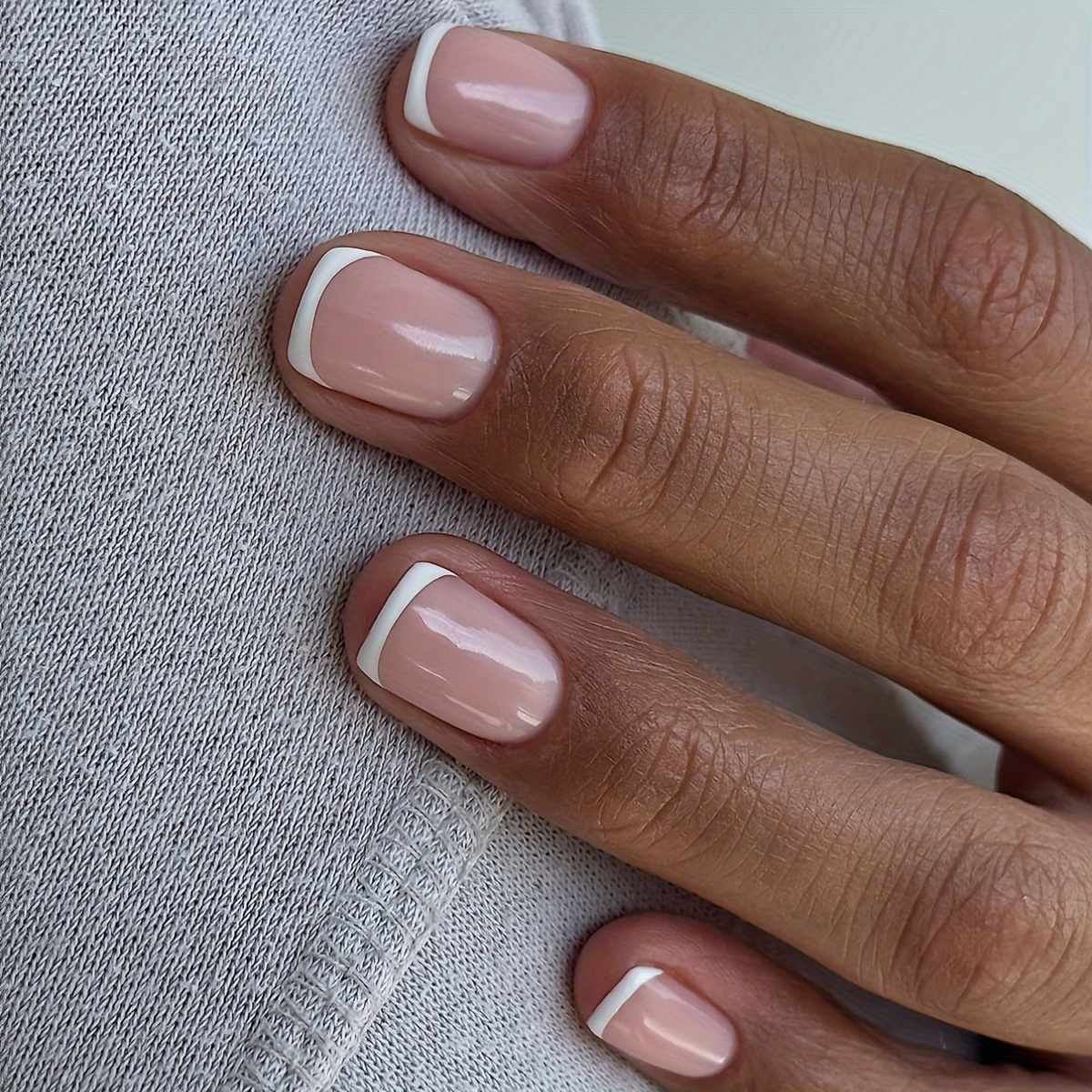 Temu French Fake Nails Short Square Press Nails Nude Pink Nail