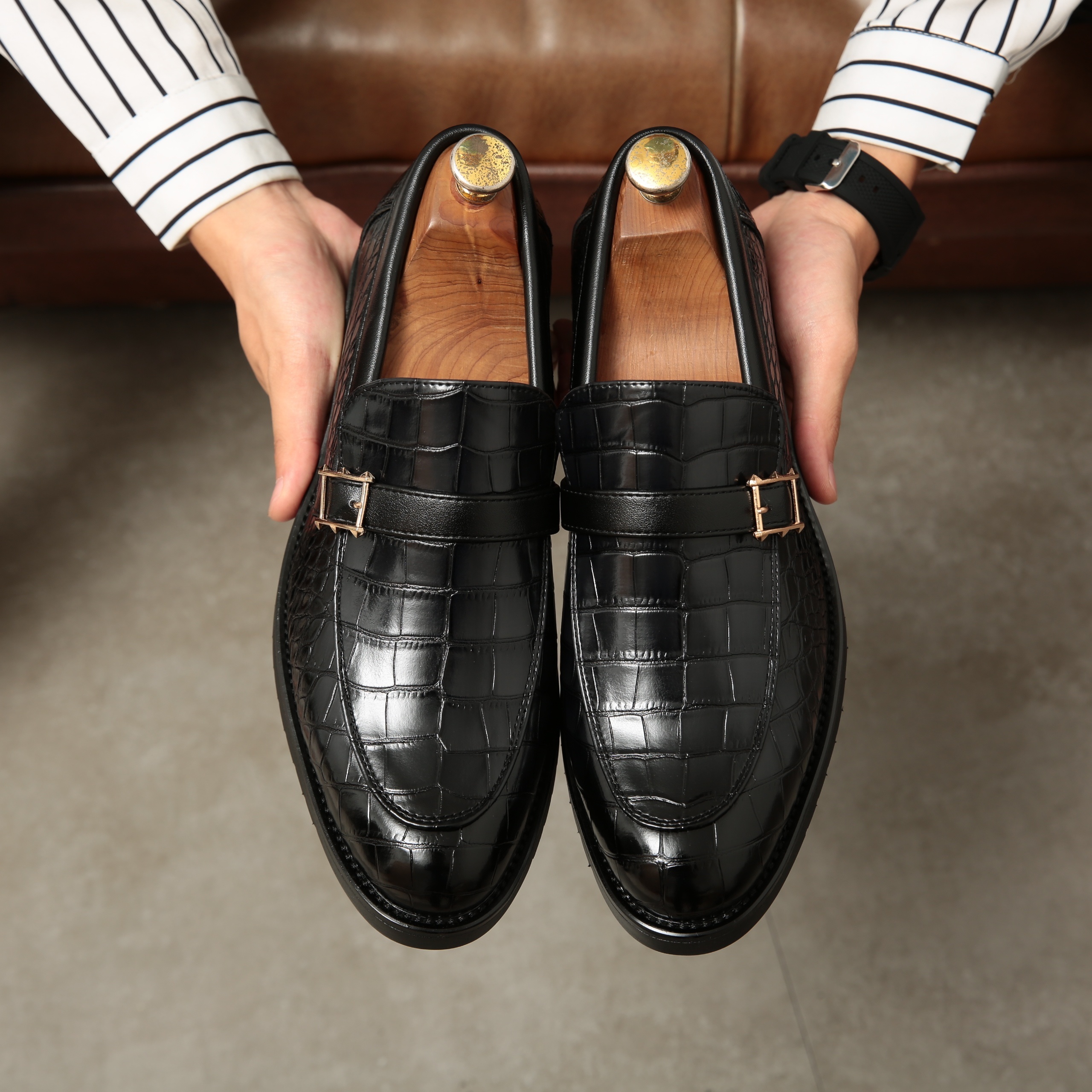 Handmade Black Crocodile Embossed Calfskin Leather Moccasins Loafer Shoes 4  Men