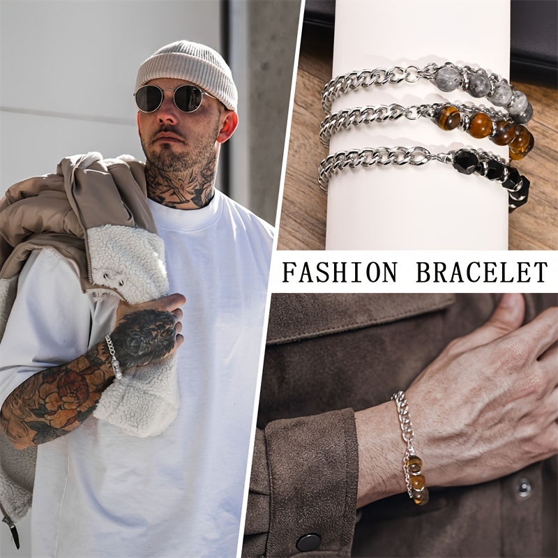 Chain Bracelets For Men, Tiger Eye Map Stone Beads Bracelets, Never