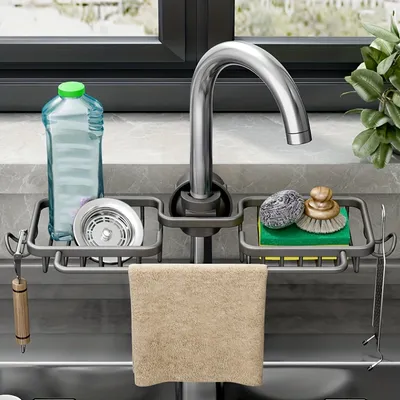 Kitchen Storage Rack For Sink Faucet With Sponge Holder, Dishcloth And  Water Hanging Basket, Black Gold