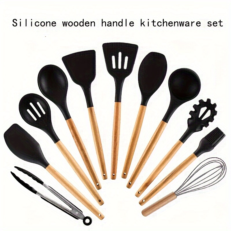 12pcs Silicone Wooden Handle Kitchenware Set High Temperature Resistant Non-stick Pan Scoop 12 Sets Of Food Grade Silicone Cooking Kitchenware Set