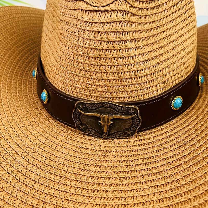 Cattle Head Decor Straw Hat Sunshade for Travel Seaside Unisex