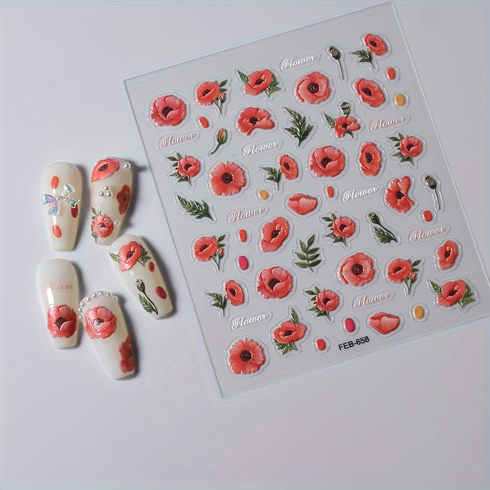 5D Embossed Waterproof Nail Art Decals, Red Flower Designs