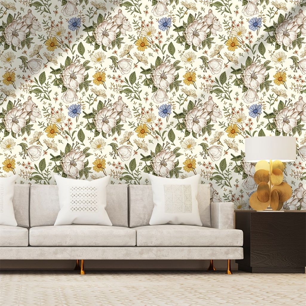 1pc Floral Self Adhesive Wallpaper With Yellow Background 17 7in 118in  Removable Background Wallpaper Decorative Stickers For Living Room Bedroom  Wall Furniture Renovation | Check Out Today's Deals Now | Temu
