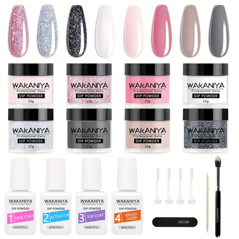 dip powder nail kit 8 colors gray nude white glitter with base top coat activator manicure tools dipping powder system  liquid set gifts for women details 1
