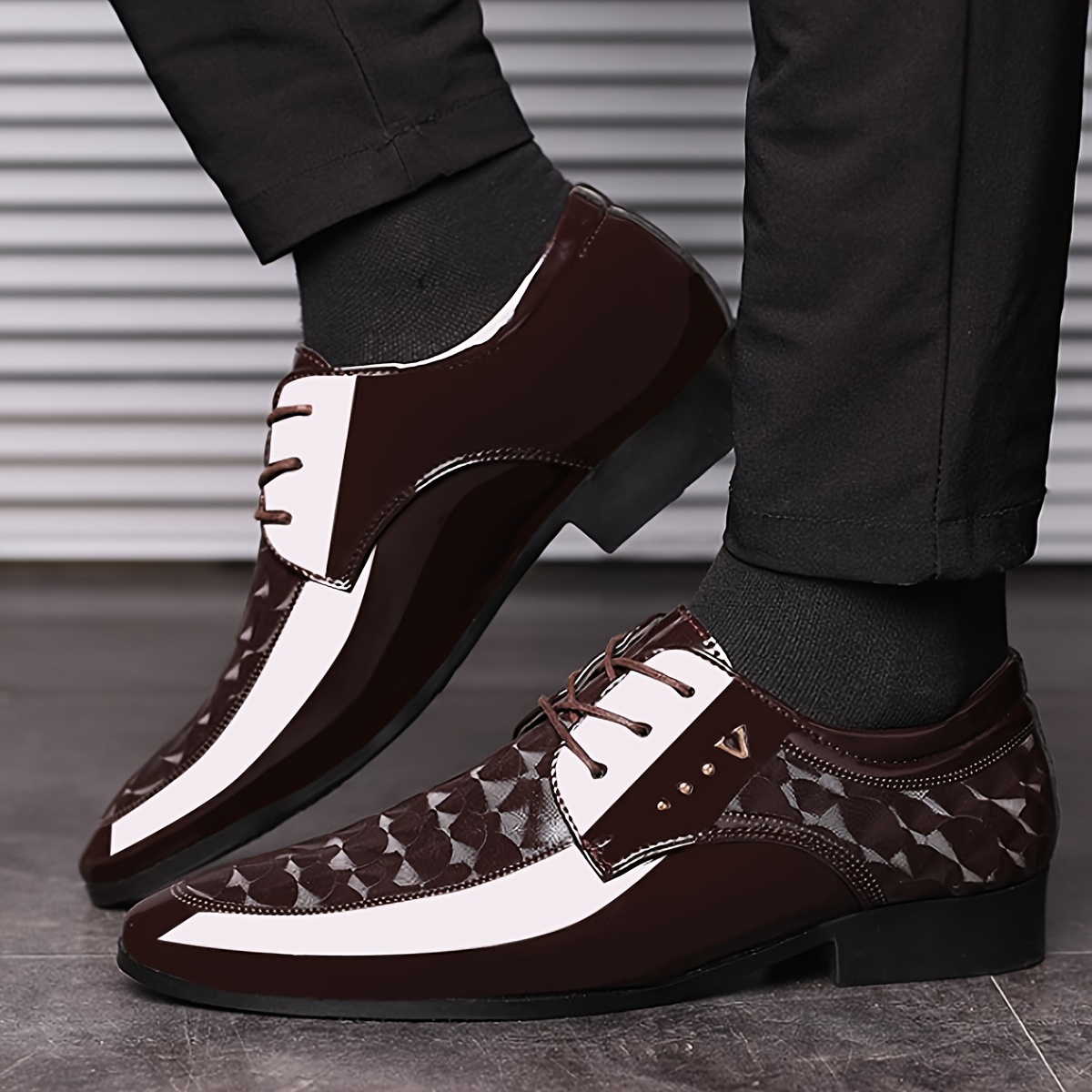 plus size mens trendy patent pu derby shoes wear resistant non slip lace up dress shoes for wedding party details 2