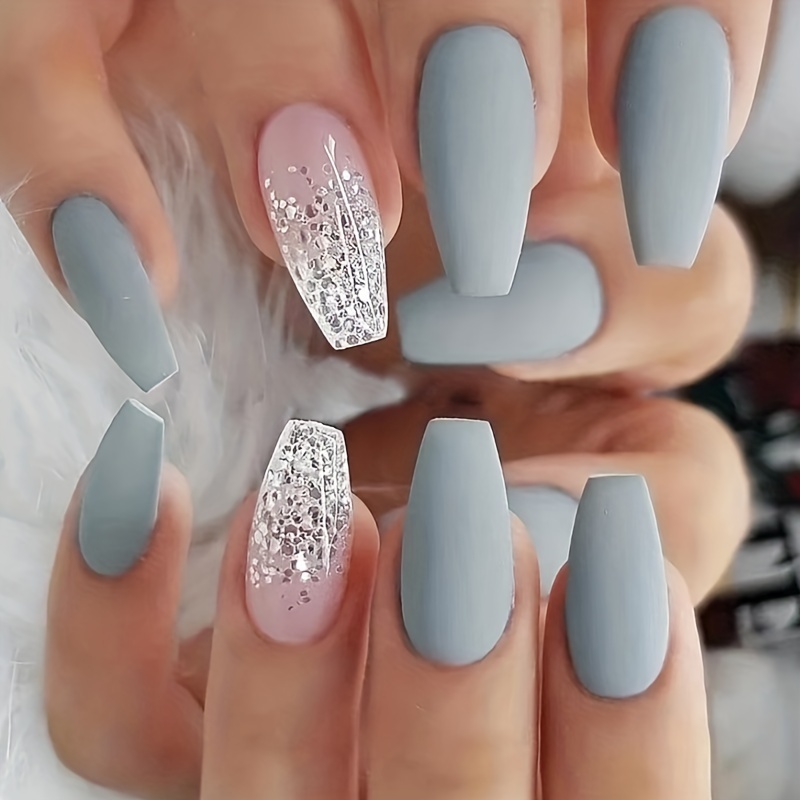 24pcs Breve Ballet Press On Nails, Unghie Finte Blu Grigio Opaco Copertura  Completa Paillettes Glitter Attaccare Unghie Con Colla Suggerimenti Per