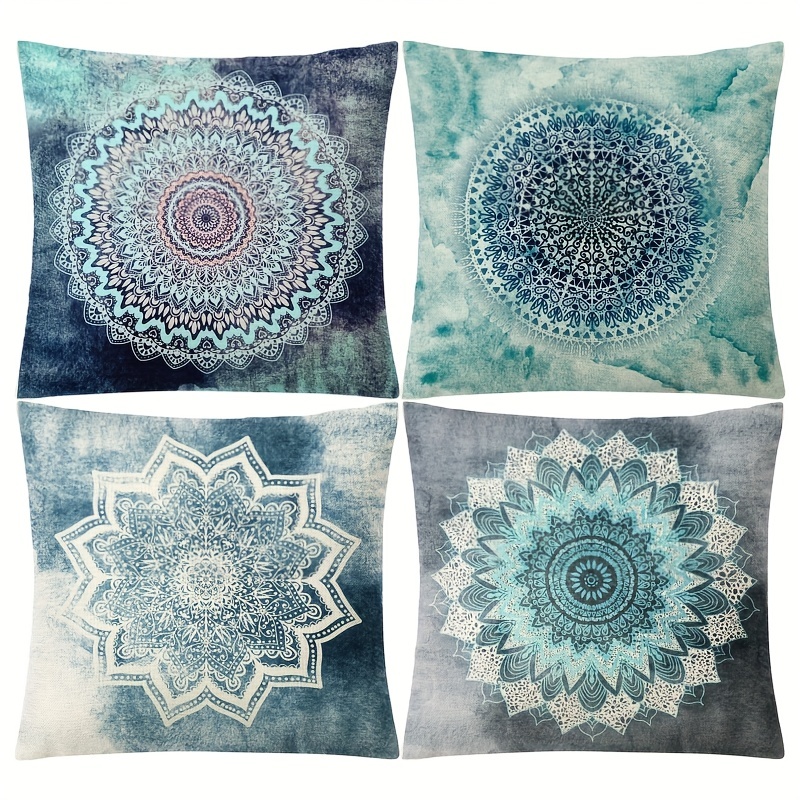 

4pcs Geometric Psychedelic Grey Blue Madala Print Linen Throw Pillowcases For Living Room Bedroom Couch Sofa Home Decor - 18x18in