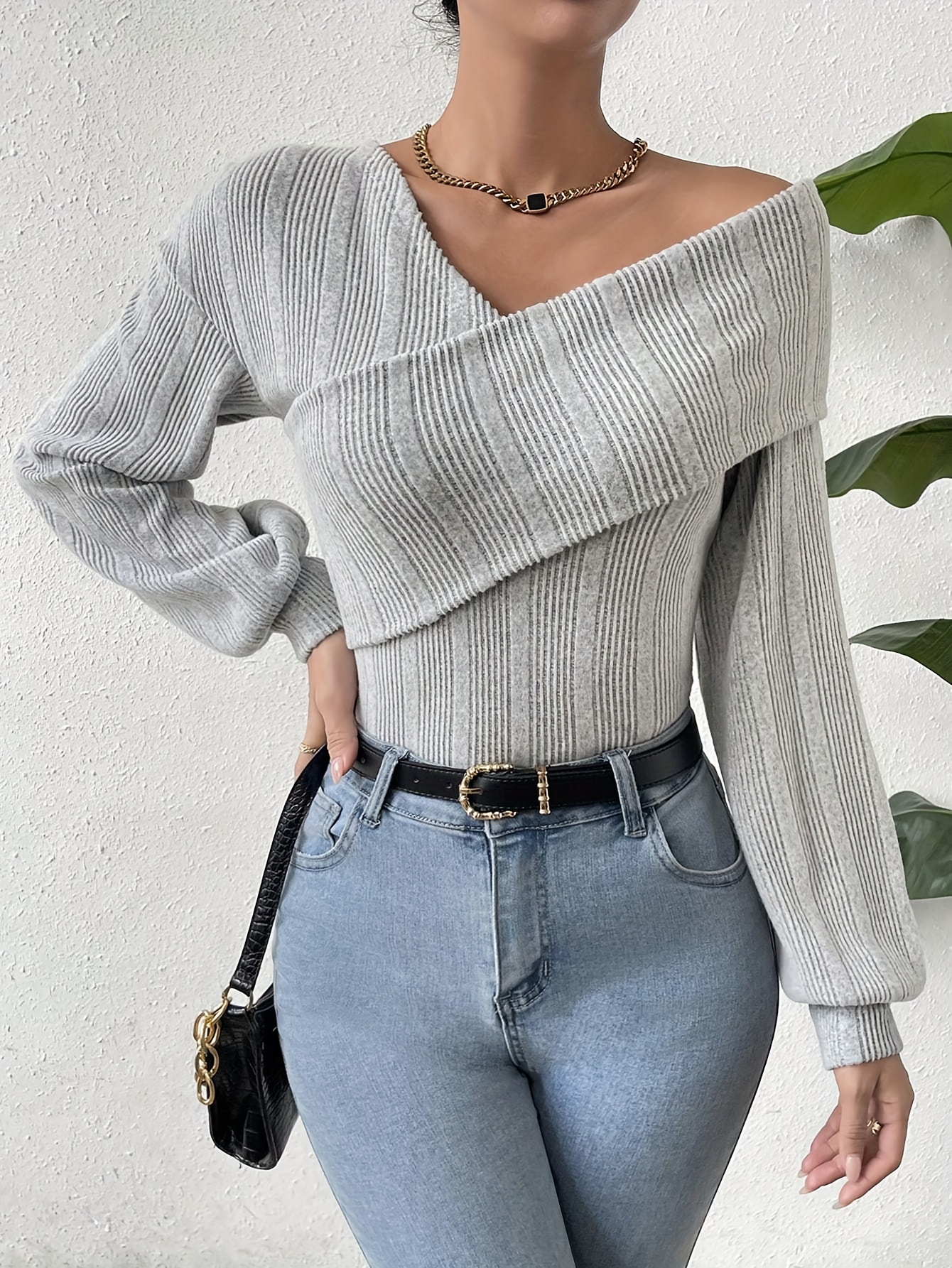 Cinched Waist Plunge Neck T-Shirt, Casual Lantern Sleeve T-Shirt For Spring  & Fall, Women's Clothing