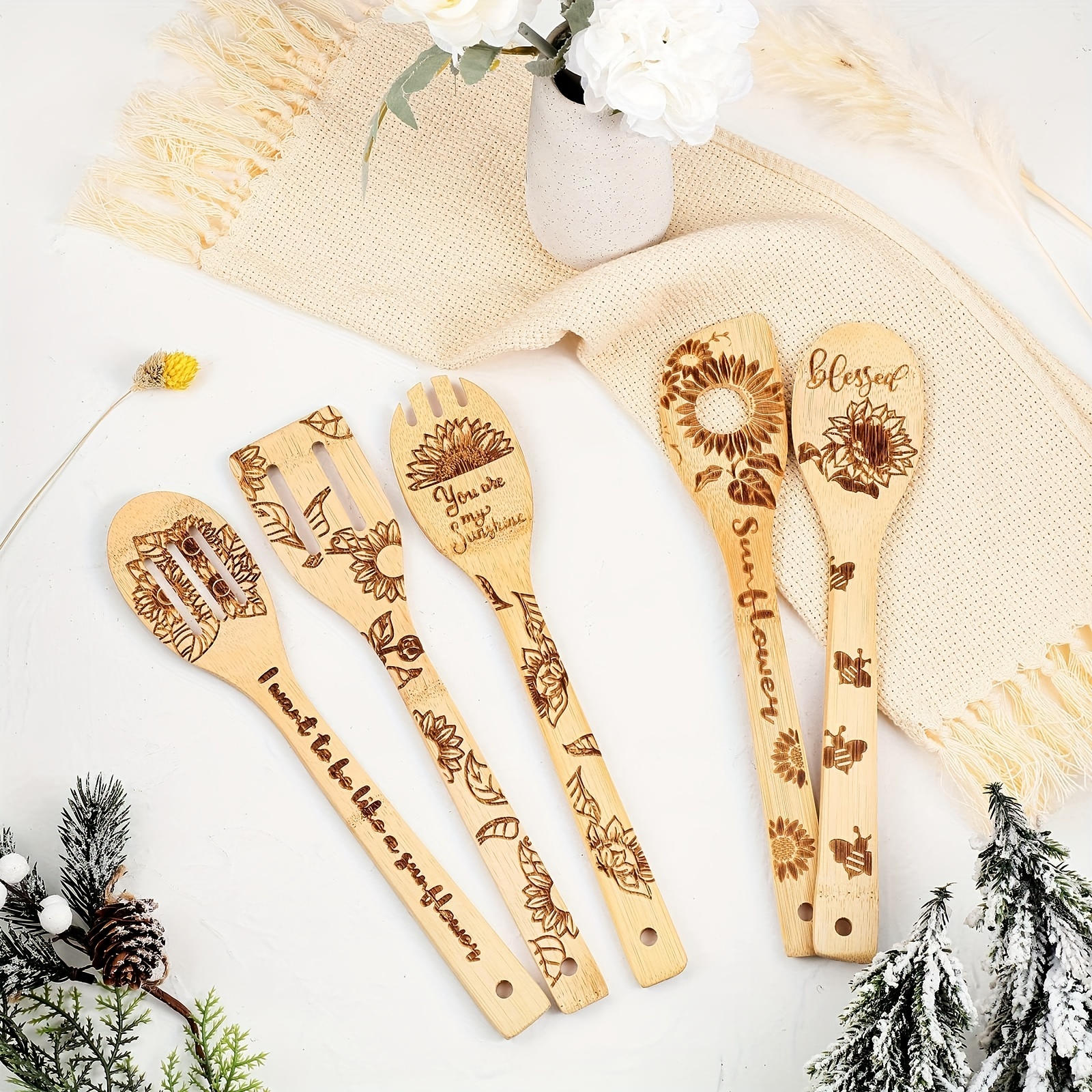 Nightmare Before Christmas Gifts-5 Pcs Wooden Spoons for Cooking Utensils  Set,Nightmare Before Christmas Halloween Decorations,Wood Kitchen Utensils  set for Halloween Gifts Nightmare spoons 