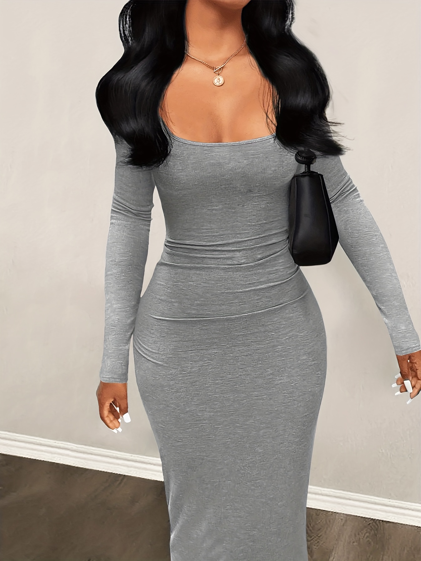 Squared Neck Bodycon Maxi Dress Sexy Long Sleeve Solid Dress - Temu
