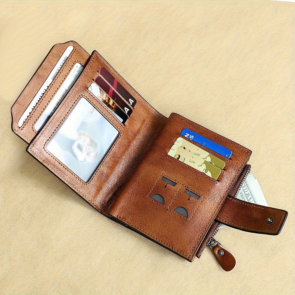 1pc Men's Genuine Leather Wallet Vintage Short Multi Function ID Card  Holder RFID Blocking Zipper Coin Pocket Billfold Give Gifts To Men On