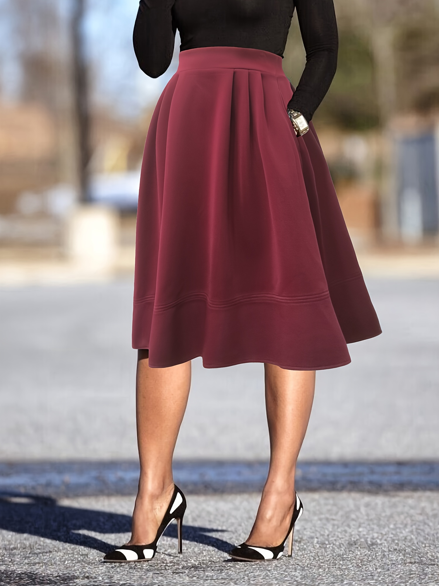 Solid High Waist Flared Skirt Elegant Zip Back Mini Skirt - Temu