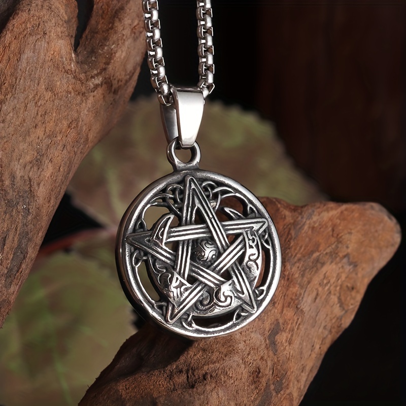 Flower pentacle protection pendant necklace. Pagan Celtic knot star necklace. Metal chain necklace