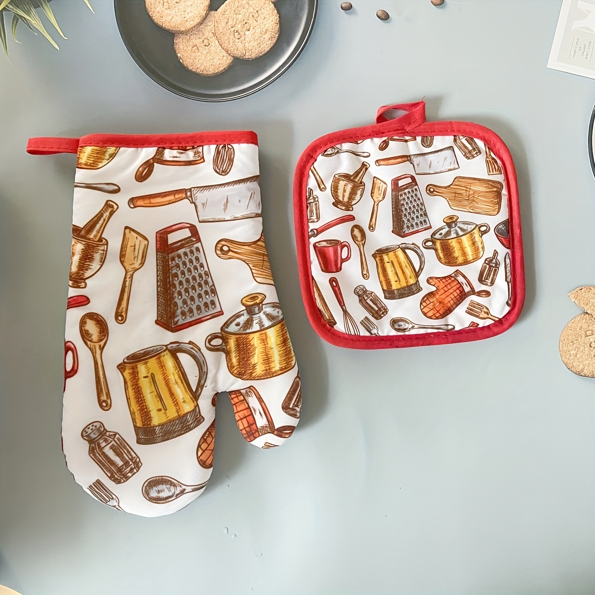 2pcs Kitchen Potholders Pad and Stove Oven Gloves Set Mitts Heat