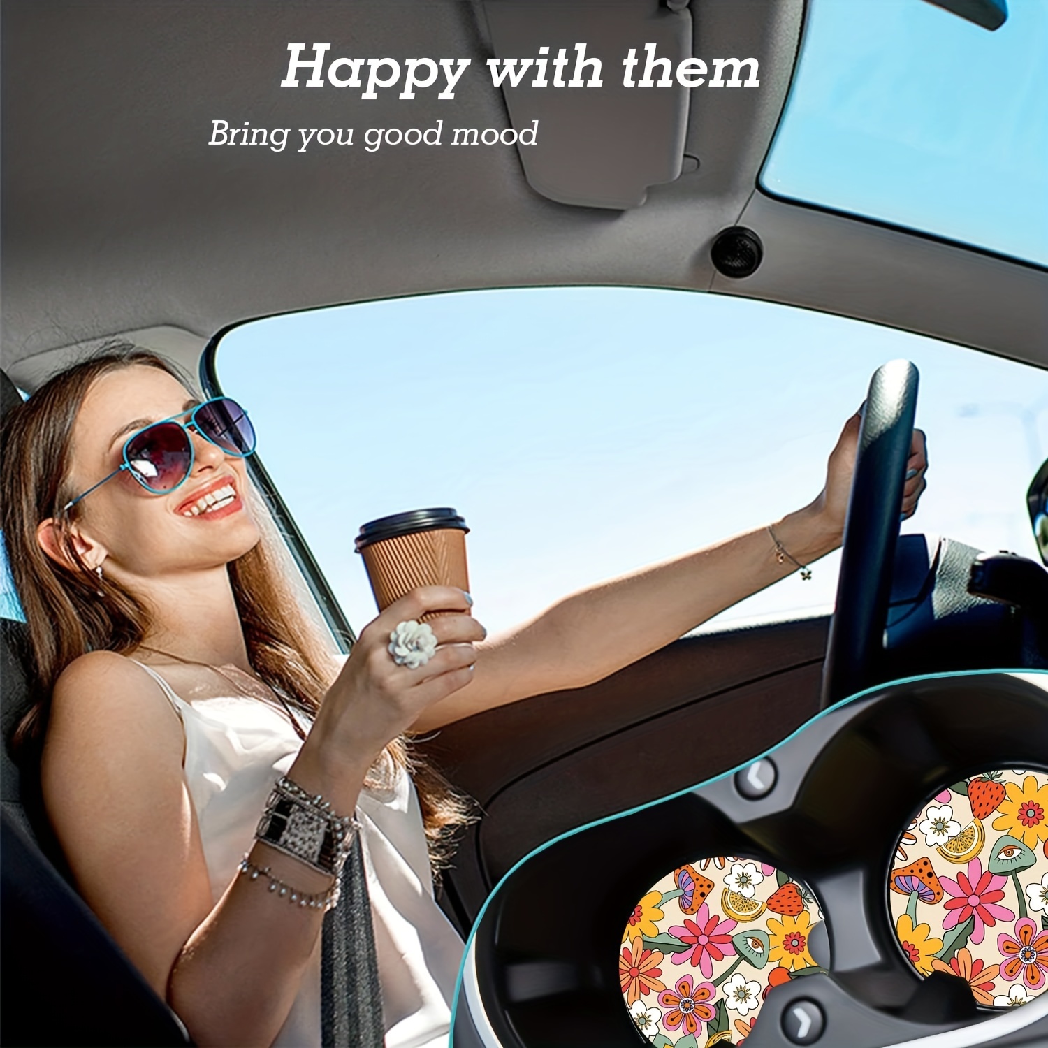 Boho Car Cup Holder Coasters, Fun Hippie Car Accessories Interior Aesthetic