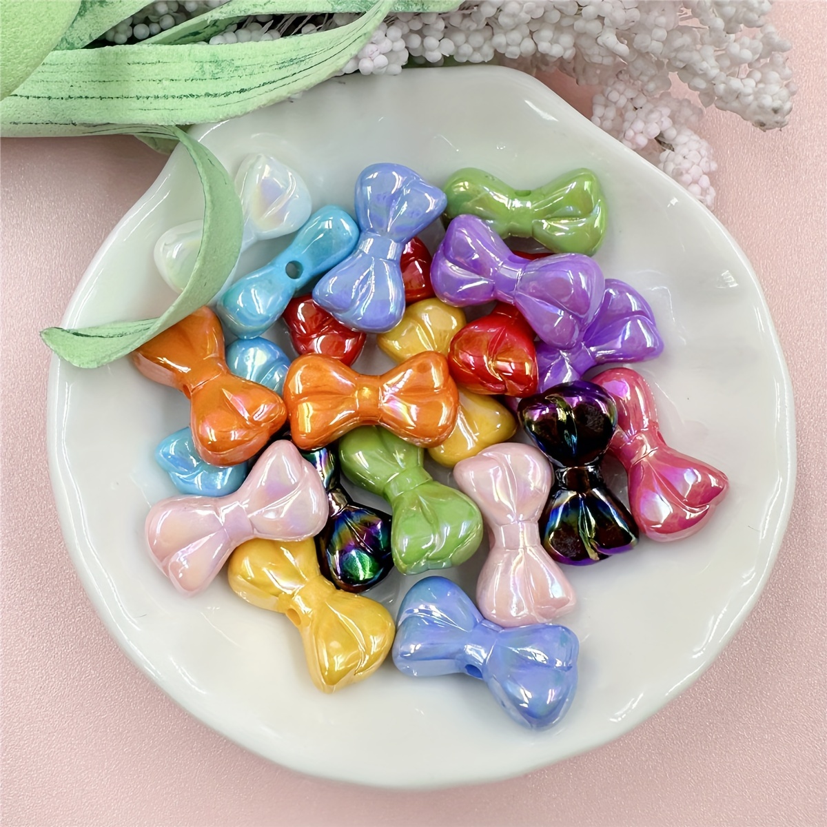 Acrylic Ab Plated Bow Beads Vertical Hole Cream - Temu