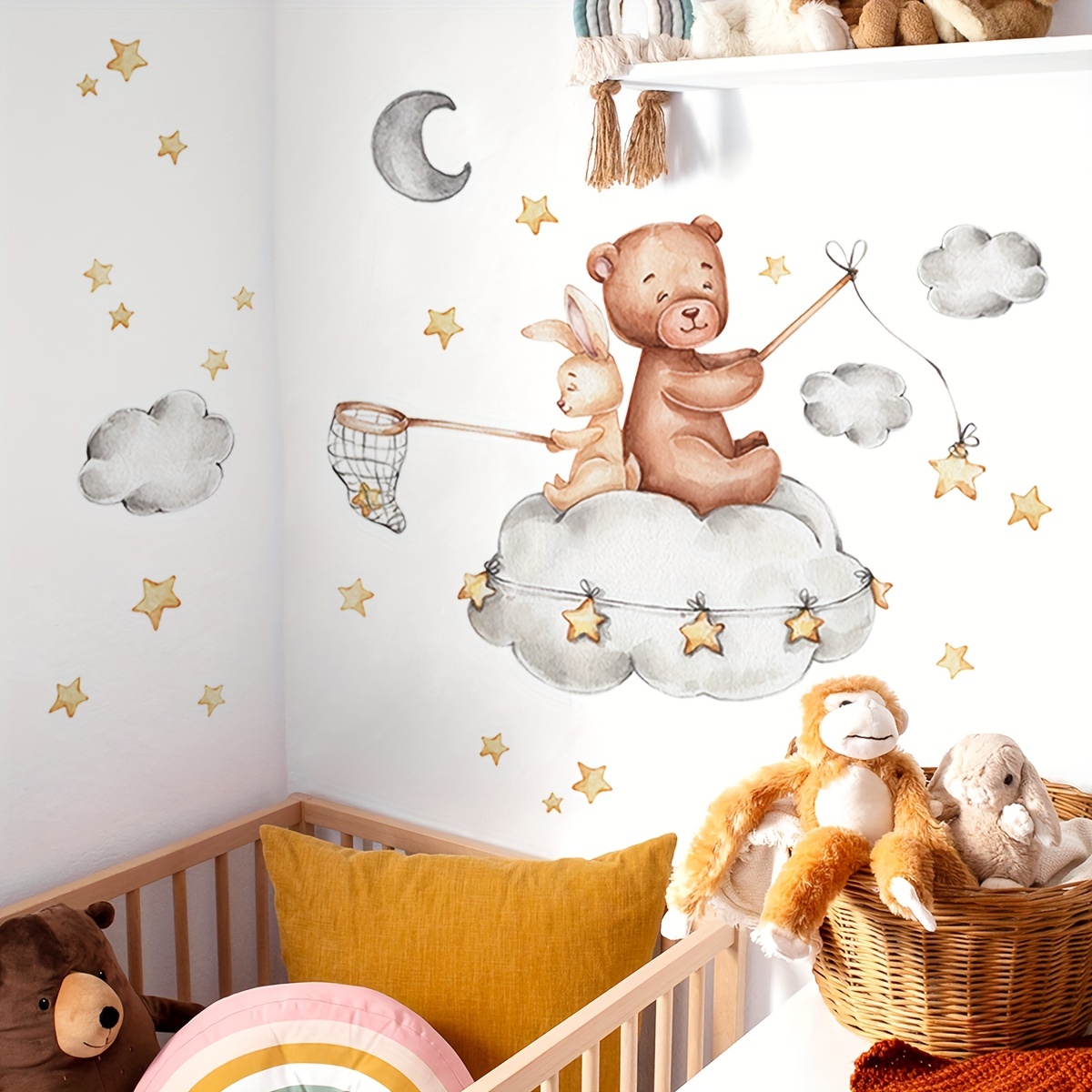 Sticker mural chambre enfant : Ourson et Lapin sur nuage