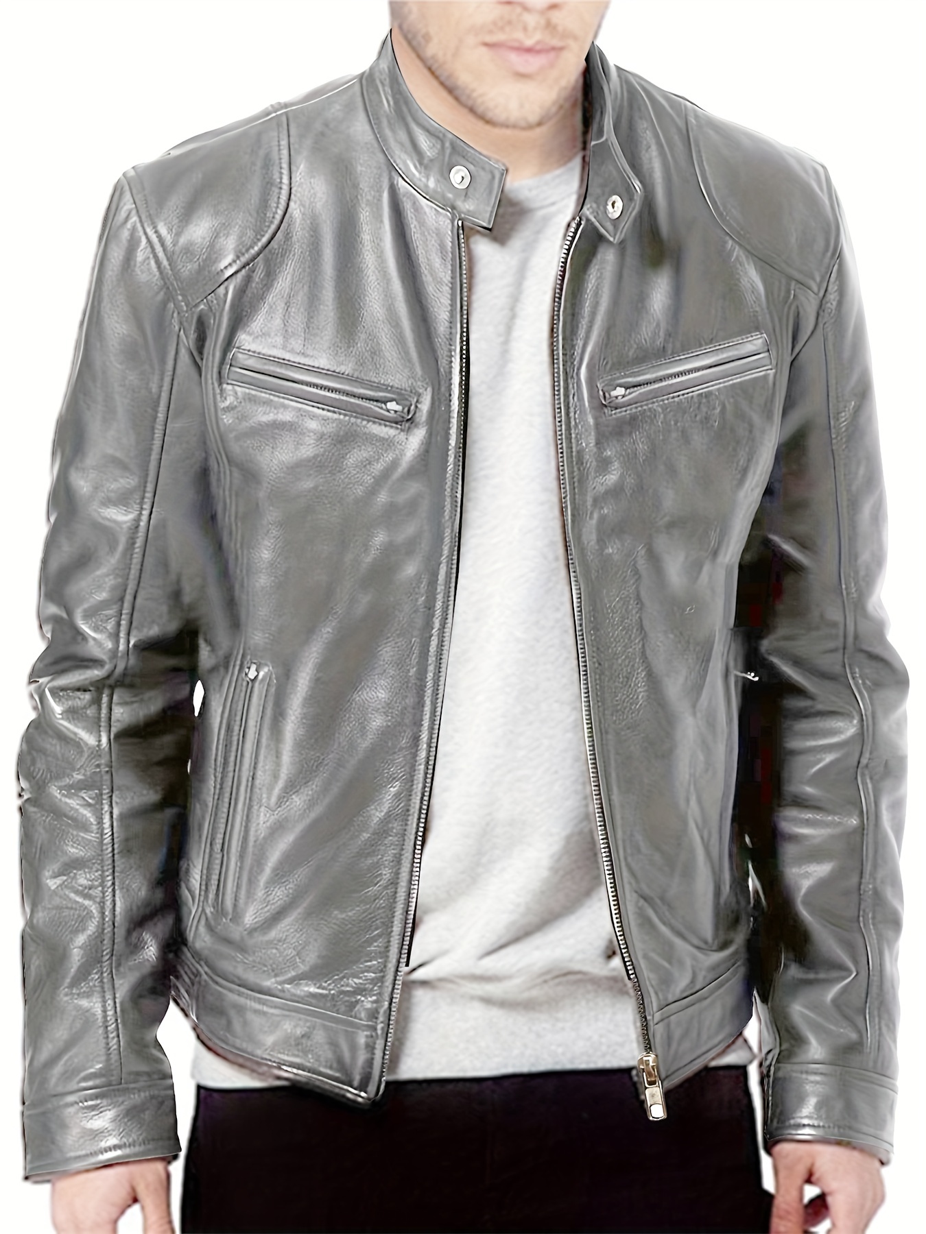 Men's New Stand Collar Fashion Tooling PU Casual Jacket Zipper Slim Coat