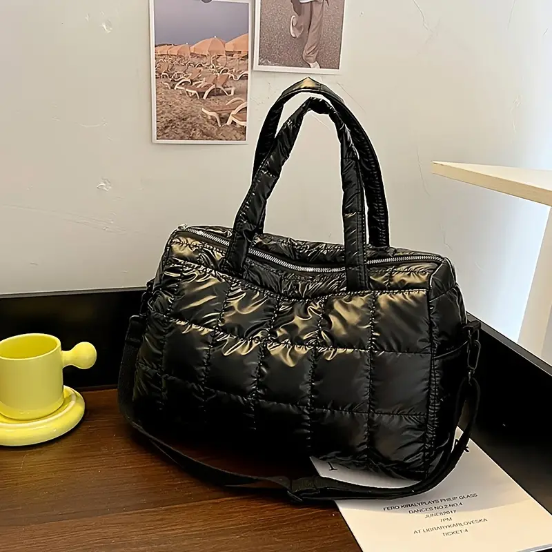 Puffy Quilted Boston Bag, Metallic Color Crossbody Bag, Women's Large Capacity Handbag,$10.99,Solid color,Black,Tote Bag for Women,Temu