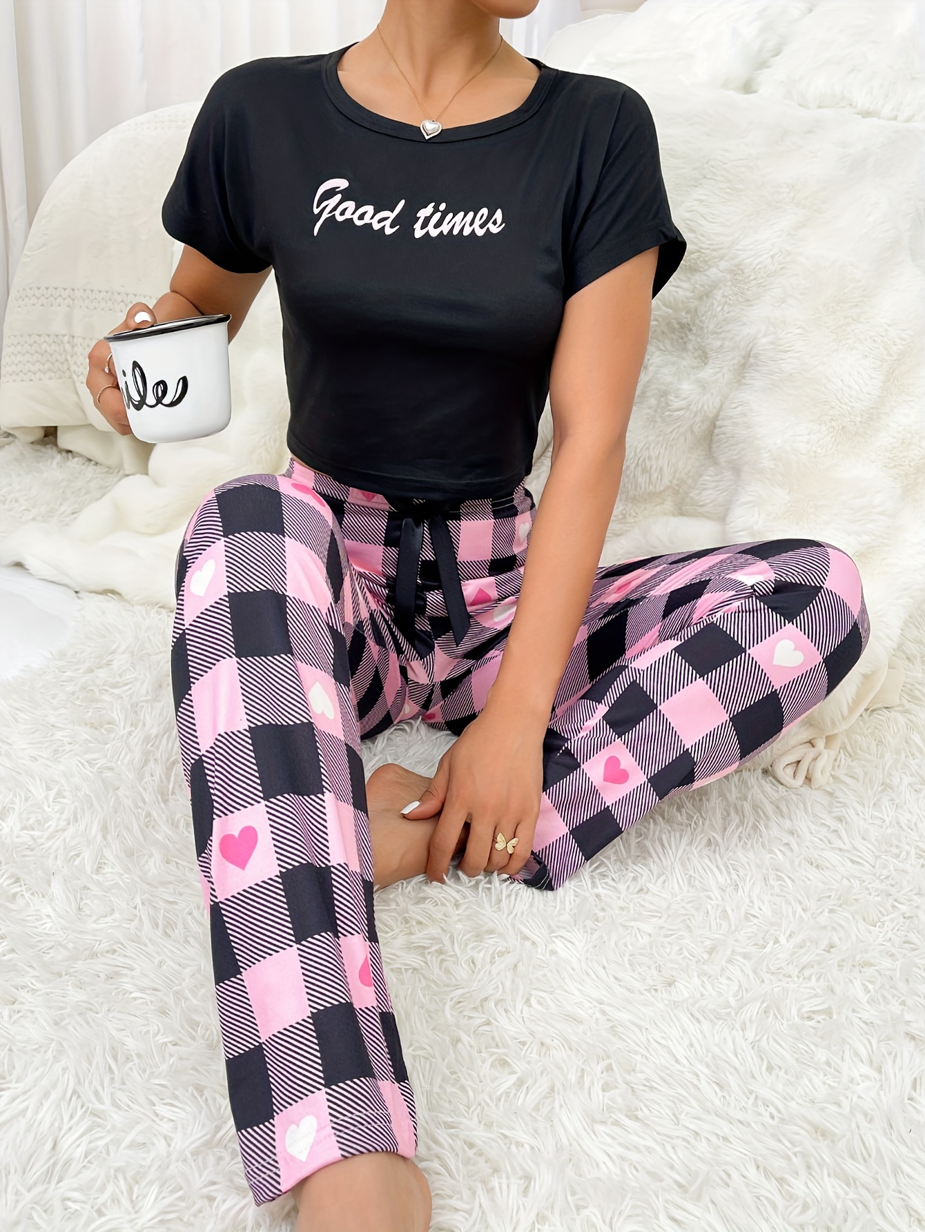 Casual Heart & Plaid & Slogan Print Pajama Set, Short Sleeve Crew Neck Top  & Elastic Pants For Valentine's Day, Women's Sleepwear & Loungewear For Spr