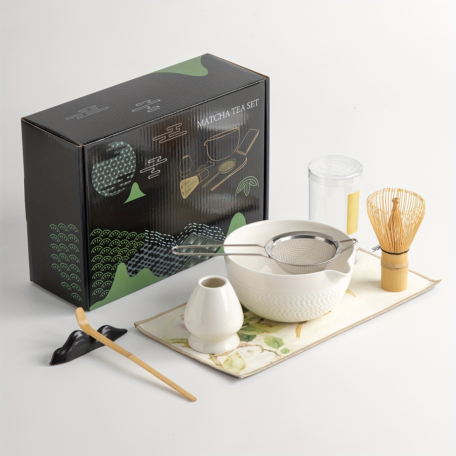 Artcome Juego de té Matcha, cuenco con boquilla para verter, batidor,  cuchara de té, soporte para batidor de cerámica, organizador de polvo  matcha