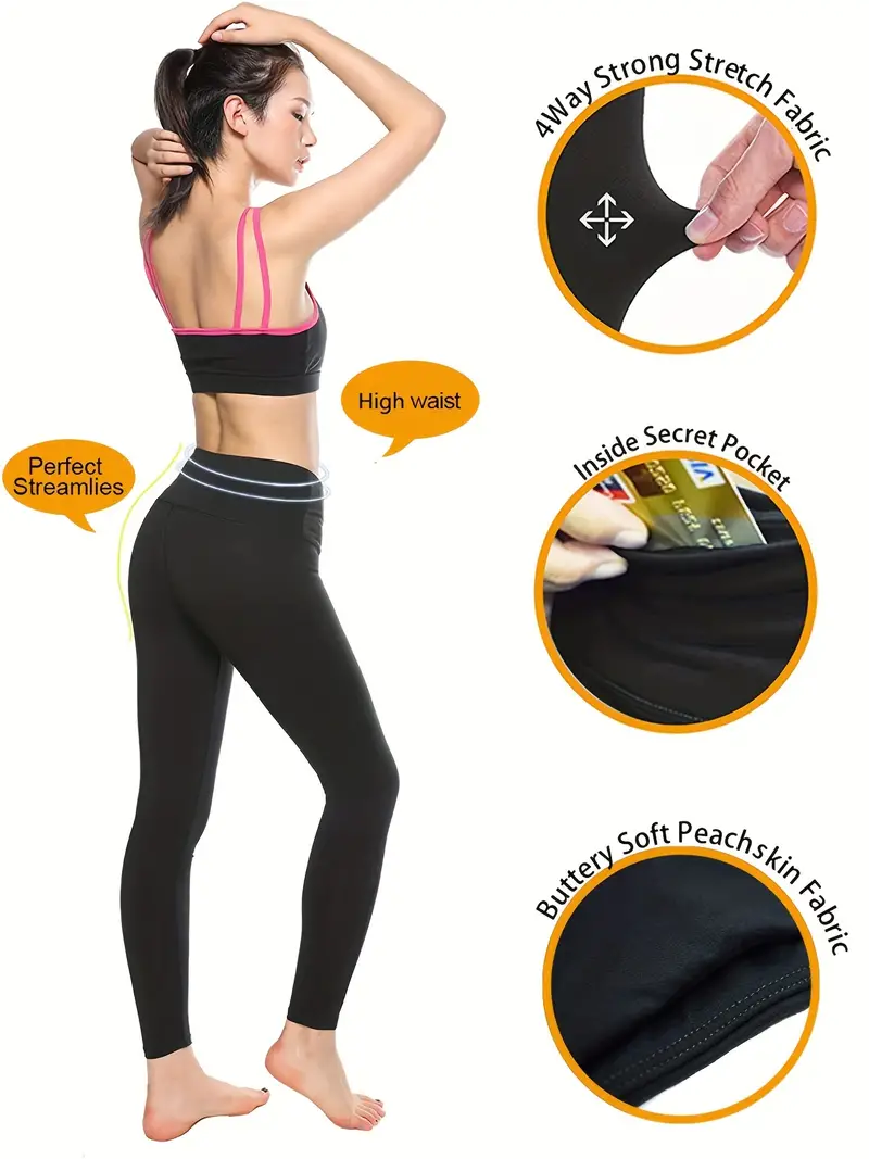 Super Soft Black Leggings Inner Pockets Yoga Fitness - Temu