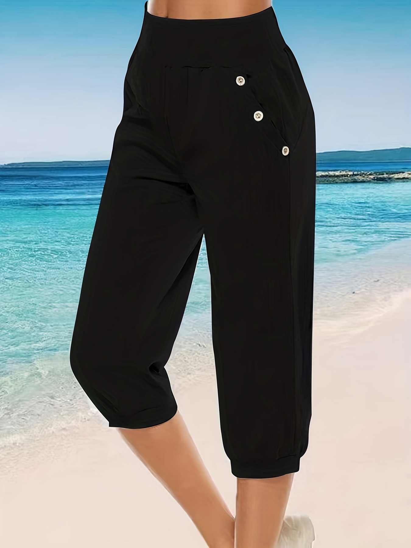 Pantalones Capri Sólidos Casuales Pantalones Botones Cintura - Temu