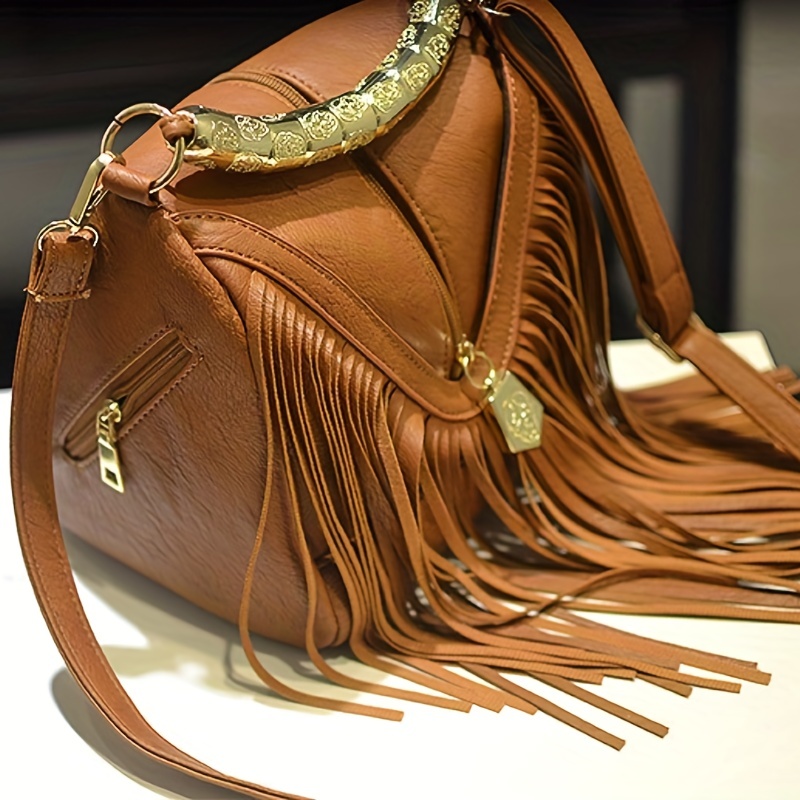 Vintage Tassel Bucket Bag, Fashion Top Ring Purse, Women's Pu Leather  Crossbody Bag - Temu