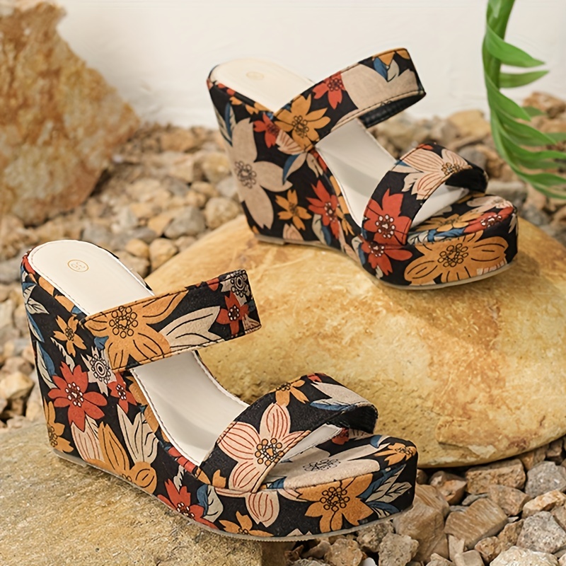 Women's Floral Print Wedge Sandals Open Toe Two Band Slip - Temu Canada