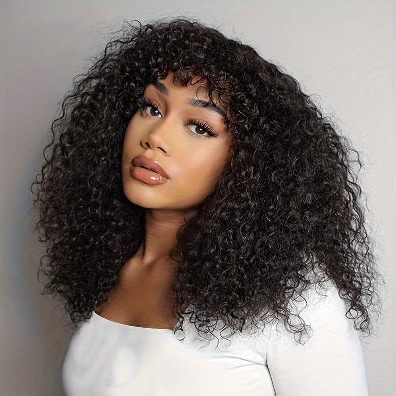 

Kinky Curly Full Machine Made Wigs With Bangs 180% Density Non Lace Front Wig Glueless Curly Human Hair Wigs For Women Natural Color Wet Wavy Curly Hair