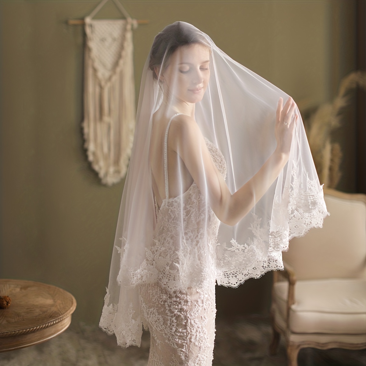 Floral Lace-Trimmed Tulle Veil with Comb