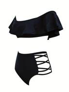 ruffle off the shoulder plain 2 piece set tankini criss cross high waist stretchy swimsuits womens swimwear clothing