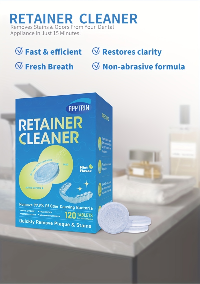 120 tablets retainer cleaner tablets retainer denture cleansing tablets mint flavor removes stain plaque odor for dentures retainers night guards mouth guard removable dental appliances details 2