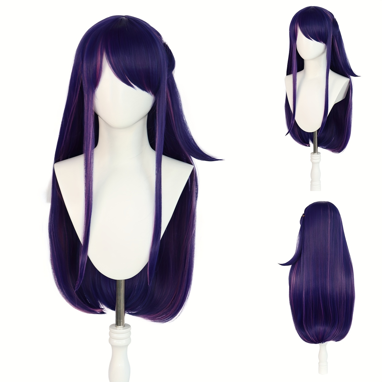 Synthetic Long 2 Tone Navy Purple Straight Wig Anime Cosplay Temu