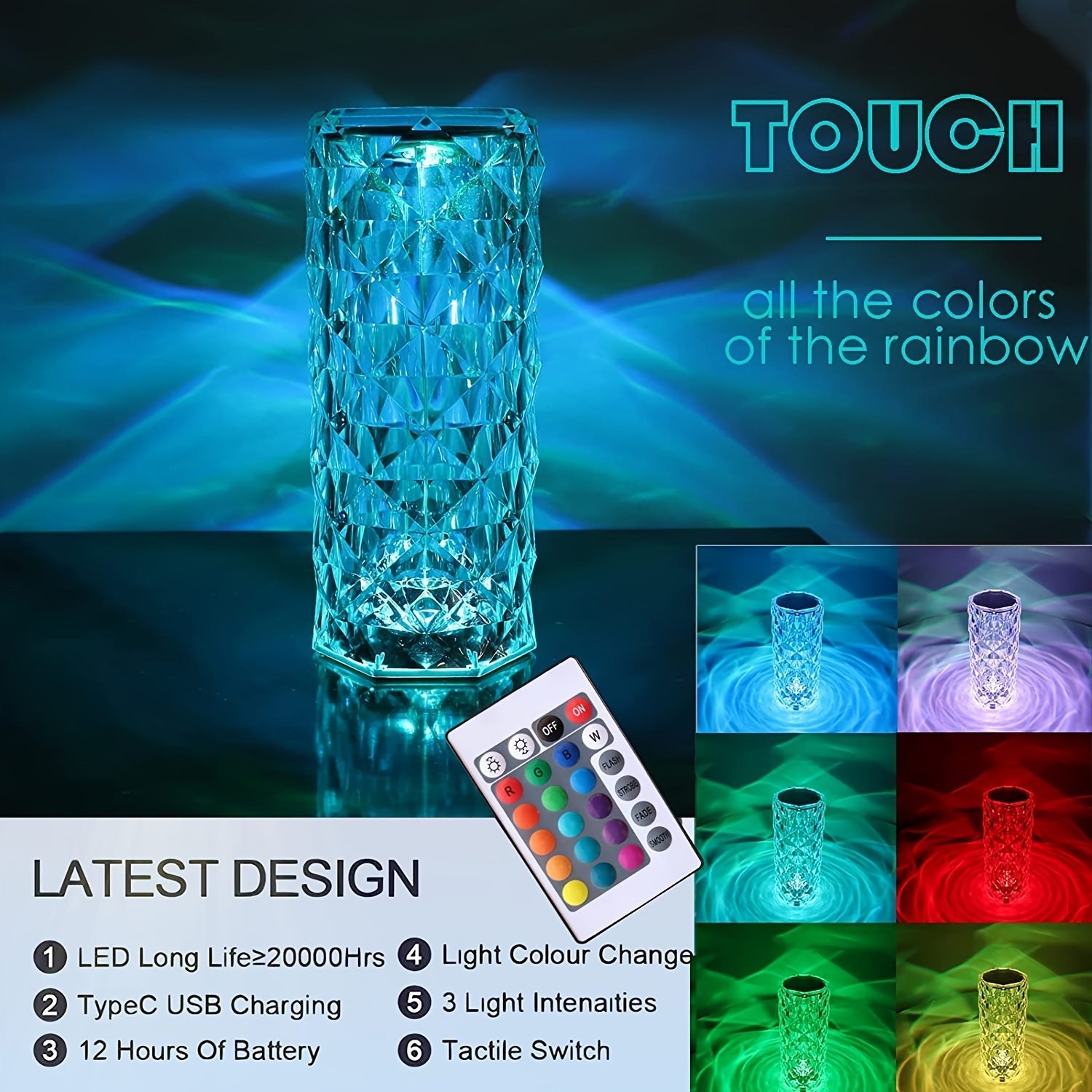 Crystal Lamp, 16 Color Changing RGB Night Light, Touch Lamp, USB Romantic  LED Rose Table Lamps, For Bedroom And Living Room, Party And Dinner Decor, C
