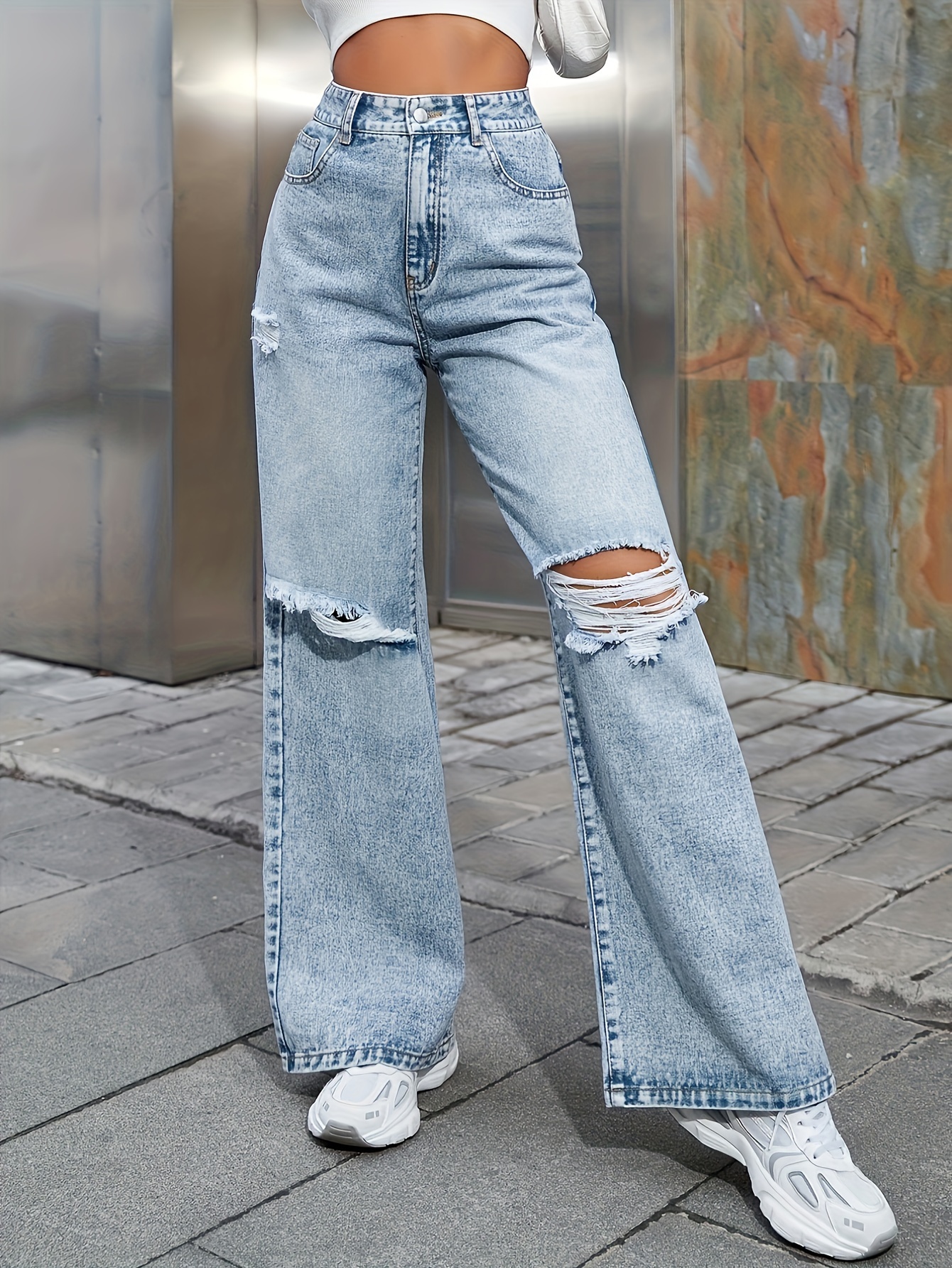 Ripped Holes Casual Baggy Jeans Loose Fit High Waist Wide - Temu United  Kingdom