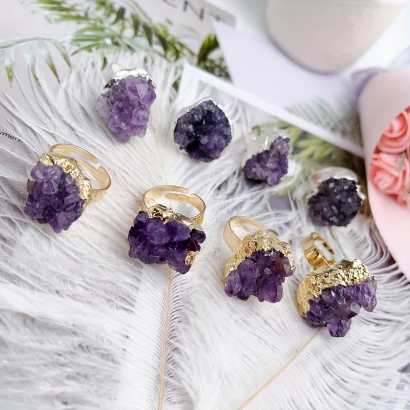 Irregular Raw Amethyst Cluster Ring for Men, Adjustable