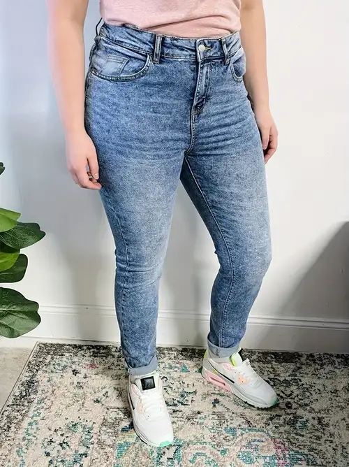 Plus Size Trendy Jeans Calças Jeans Skinny De Cintura Alta - Temu