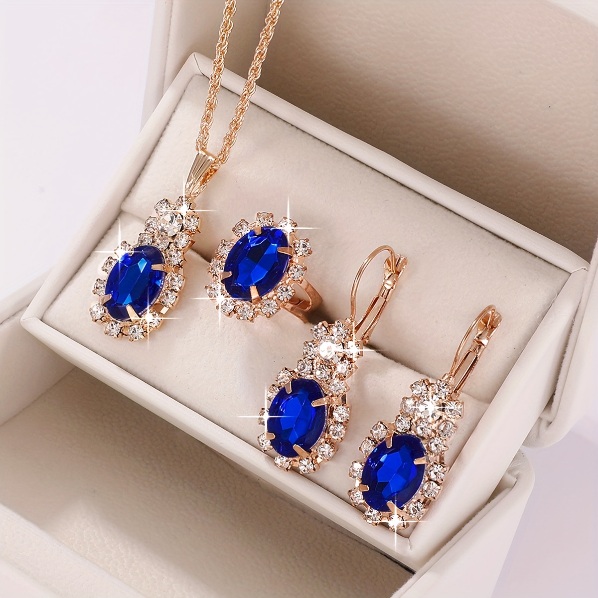 

Luxury Women's Fashion Jewelry Set With Elegant Blue Stones, Gold Plated Necklace, Earrings, And Ring Set, Statement Accessories For Dress-up & Special Occasions