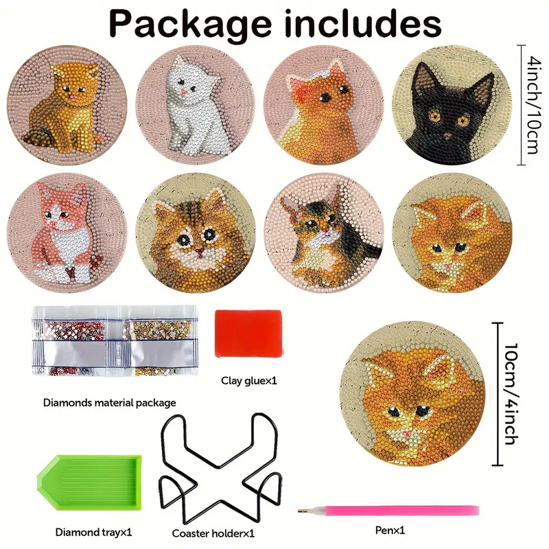 8pcs 3D Cats Diamond Painting Coasters Kits With Holder DIY Cat Diamond Art  Coaster Non Slip Coaster For Adults Diamond Painting Kits Supplies For Chr