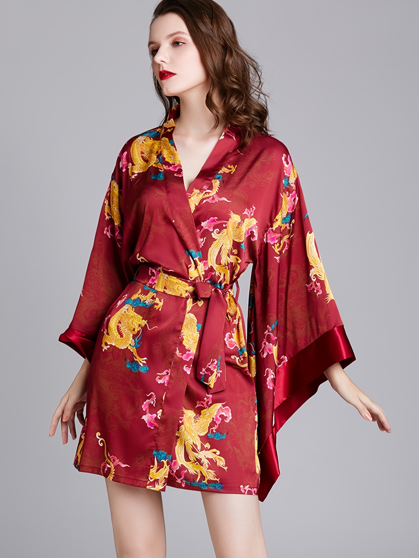 Dragon Pattern Night Robe Elegant Long Sleeve Satin House Robe With